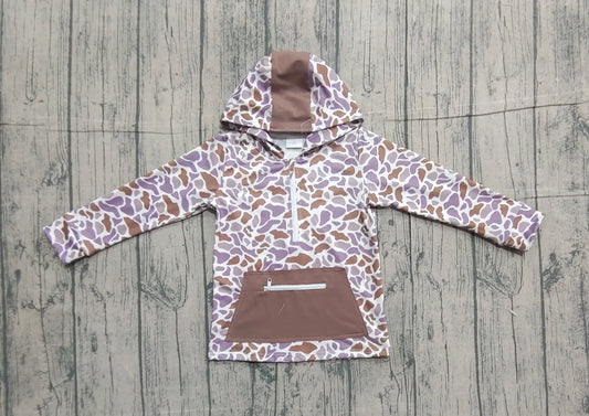 Long sleeves brown camo pocket zipper boy hoodie