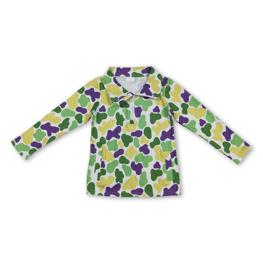 Green yellow purple camo kids boys zipper Mardi Gras pullover