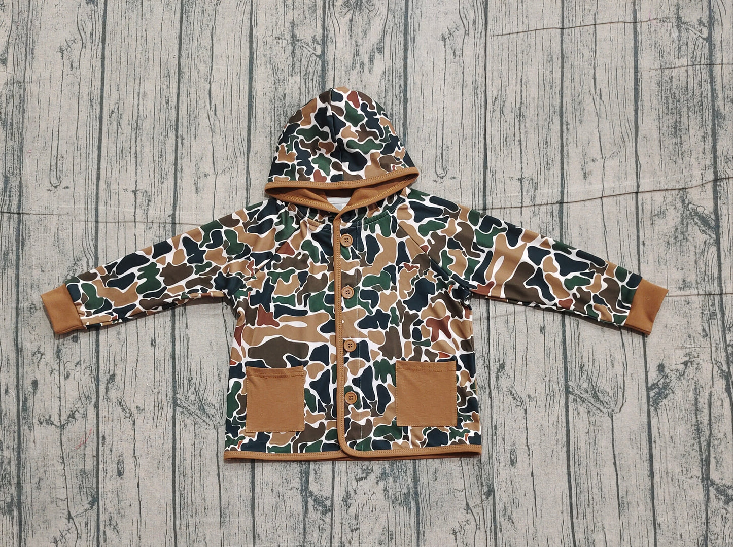 Brown camo pockets kids boys hooded jackets