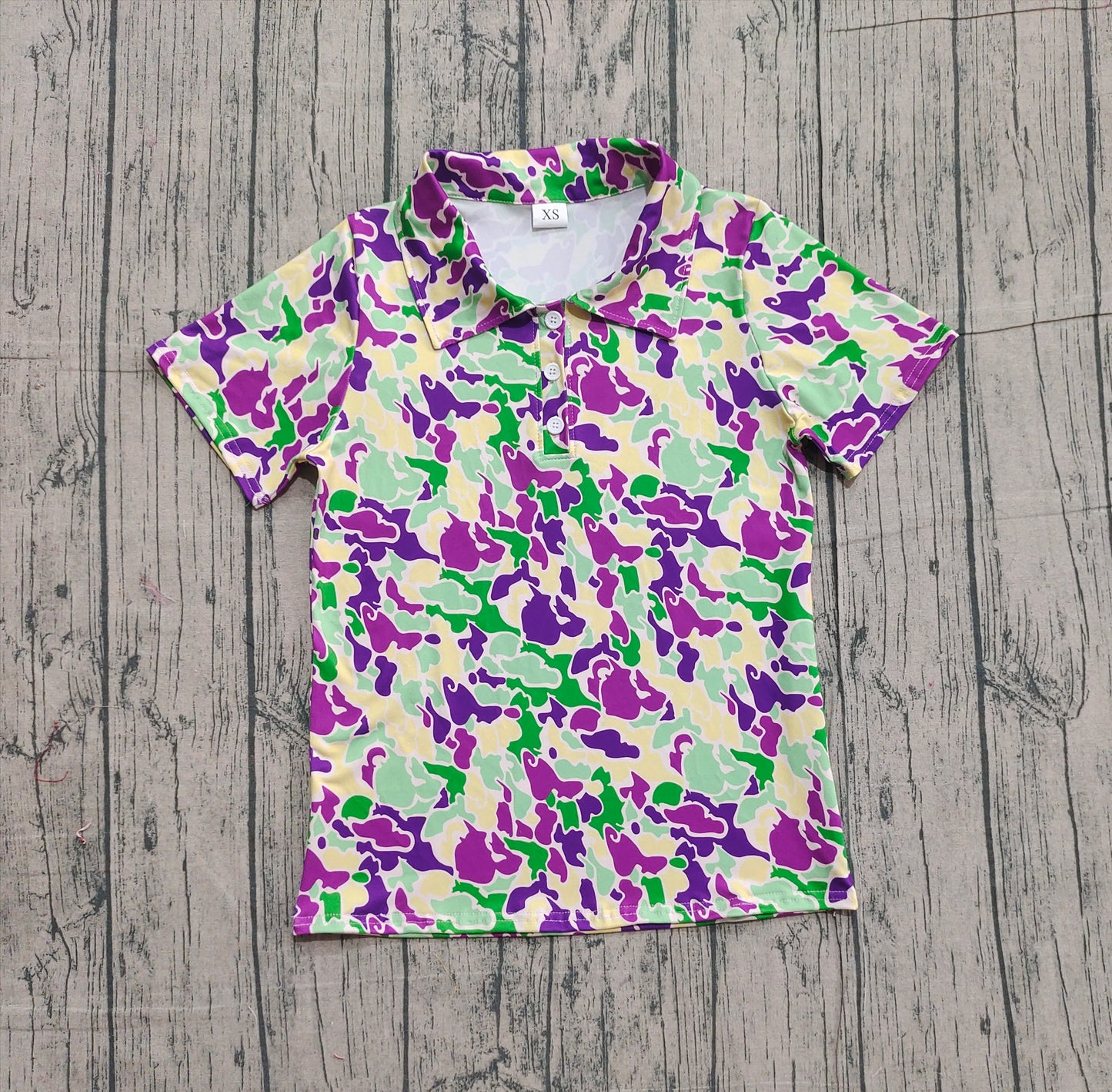 Purple yellow green camo men's Mardi Gras polo shirt