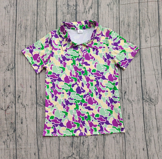 Purple yellow green camo men's Mardi Gras polo shirt