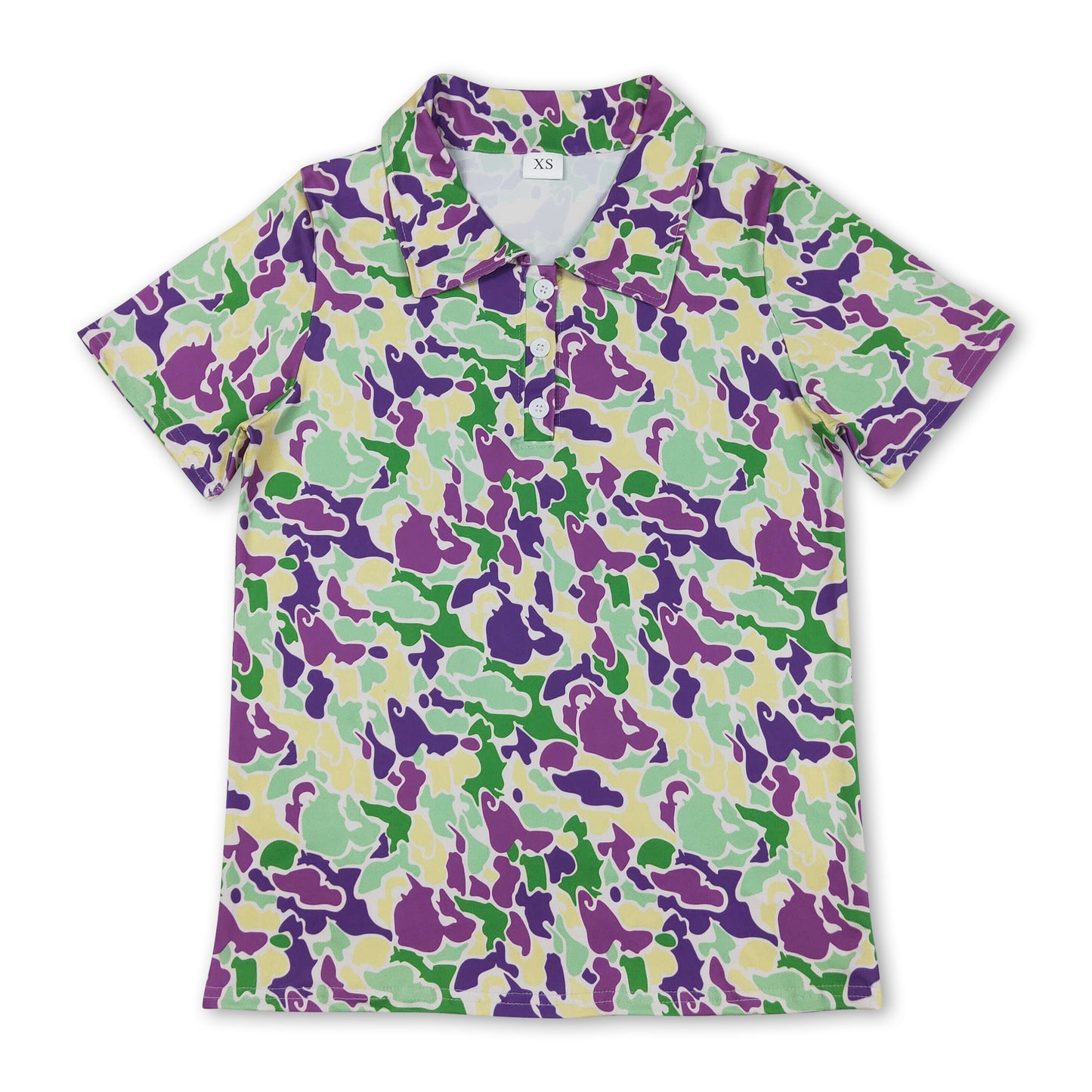 Purple yellow green camo men's Mardi Gras polo shirt