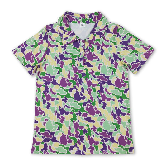 Purple yellow green camo men's Mardi Gras polo shirt
