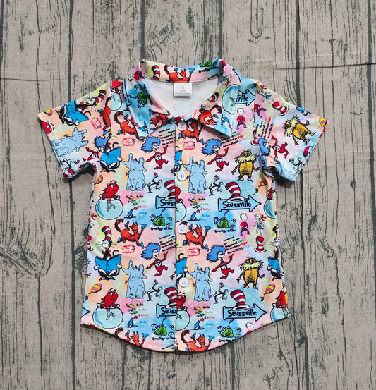 Short sleeves cat hat elephant boys button down shirt