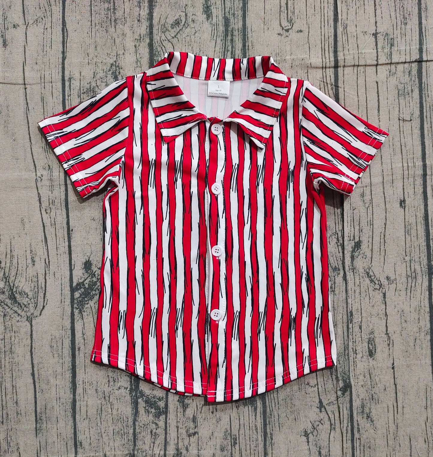 Short sleeves red stripe cat hat baby boy button down shirt