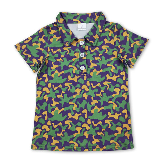 Purple yellow green camo kids boys Mardi Gras polo shirt