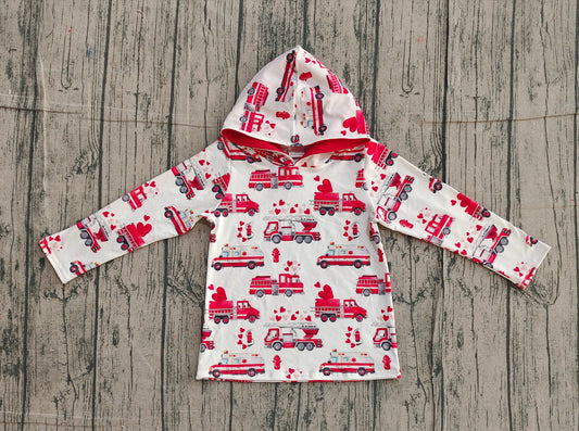 Long sleeves red heart fire truck boys Valentine's hoodie