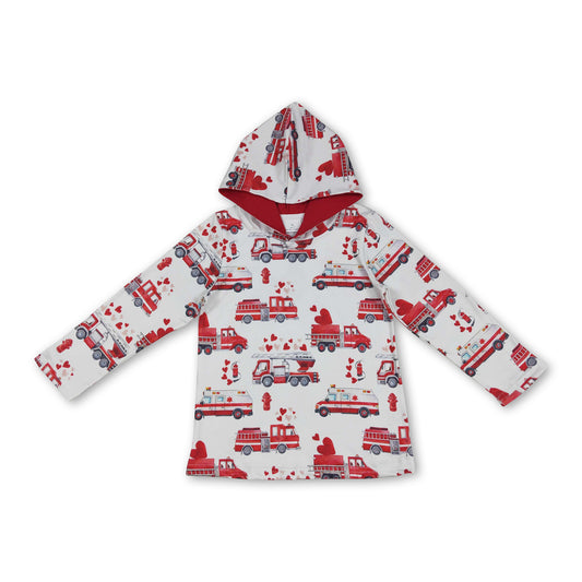 Long sleeves red heart fire truck boys Valentine's hoodie
