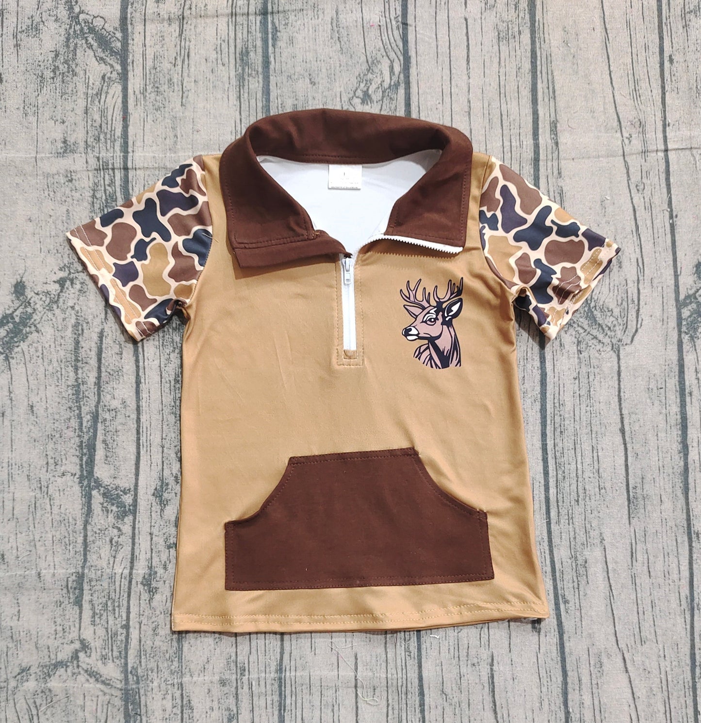 Camo short sleeves brown deer pocket kids boys pullover