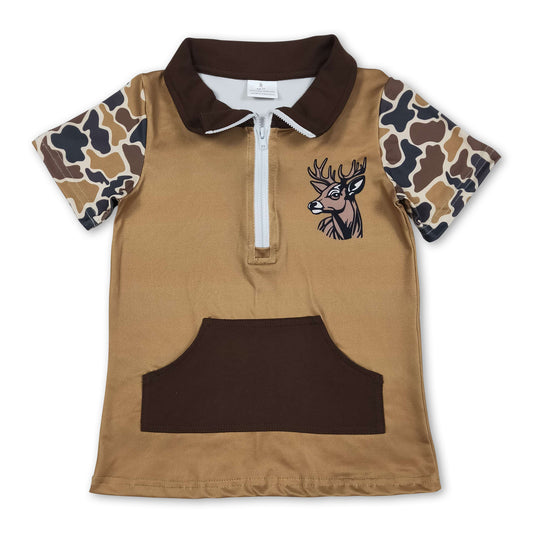 Camo short sleeves brown deer pocket kids boys pullover