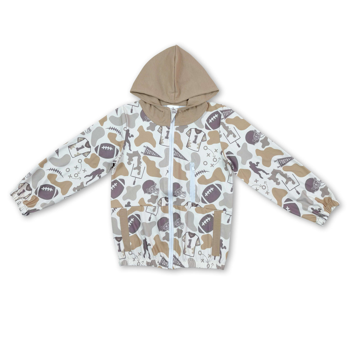 Long sleeves camo football pocket kids boys hooded jacket