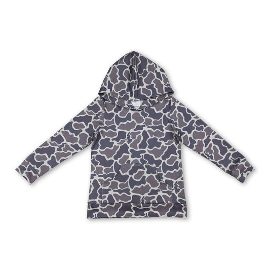 Long sleeves dark grey camo pocket kids boys hoodie