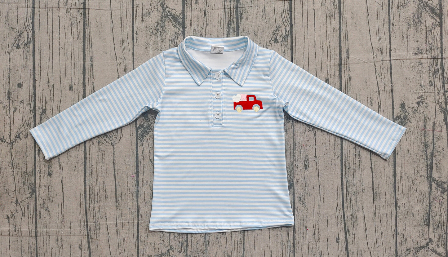 Light blue stripe heart truck kids boys Valentine's polo shirt