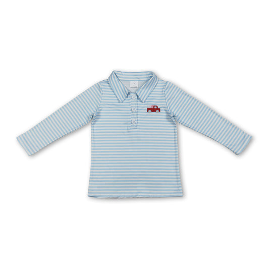 Light blue stripe heart truck kids boys Valentine's polo shirt