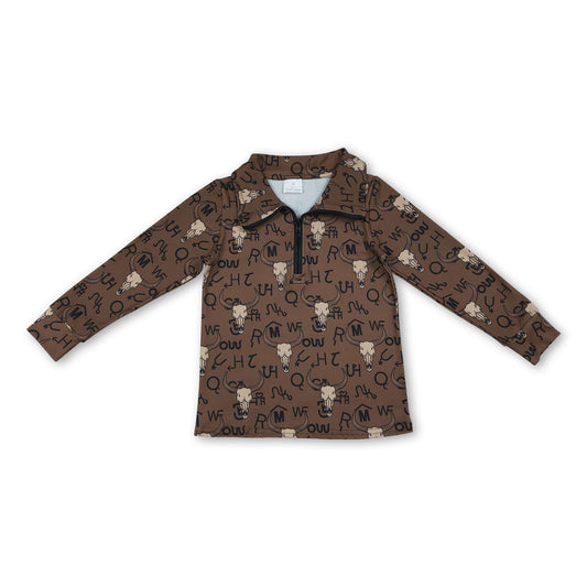 Brown long sleeves bull skull western boys zipper pullover