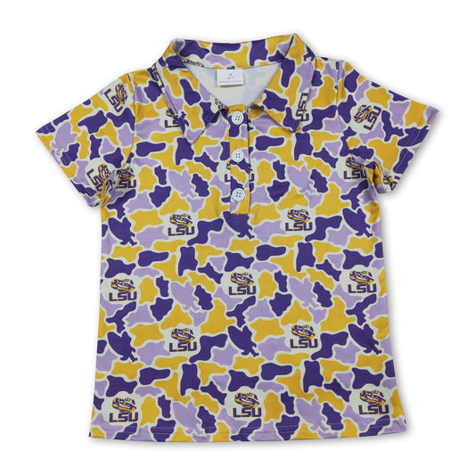 Purple yellow camo tiger kids boys team polo shirt