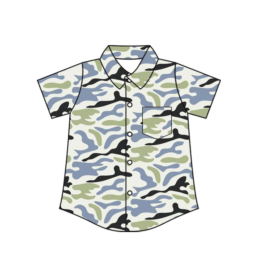 Blue green camo kids boys button down shirt