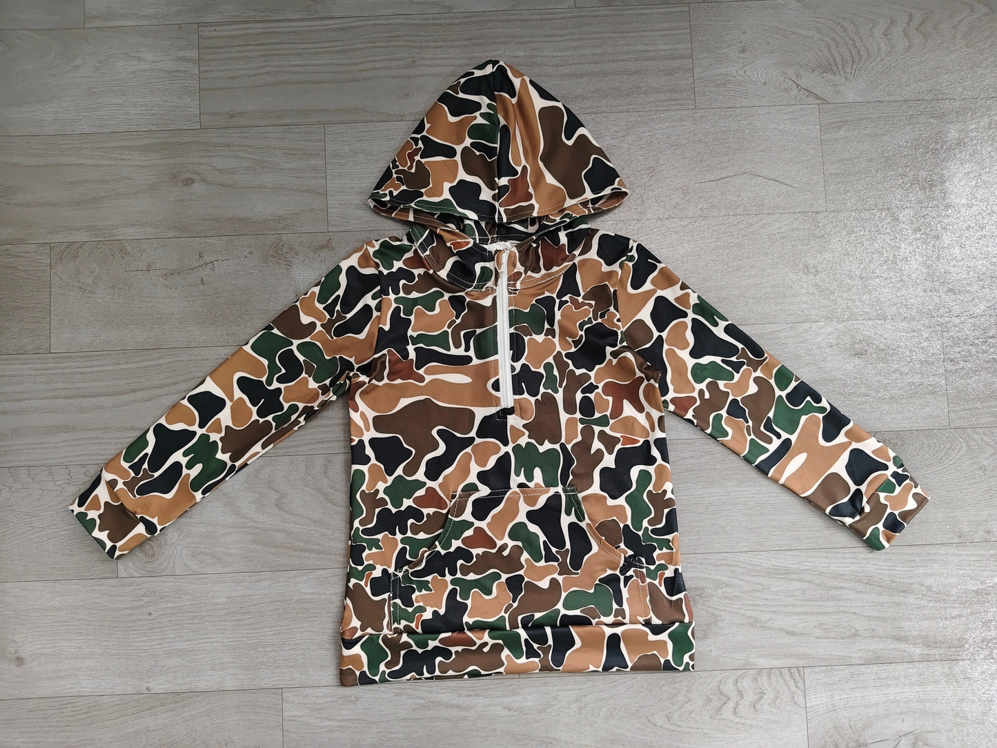 Long sleeves brown camo pocket zipper kids boys fall hoodie
