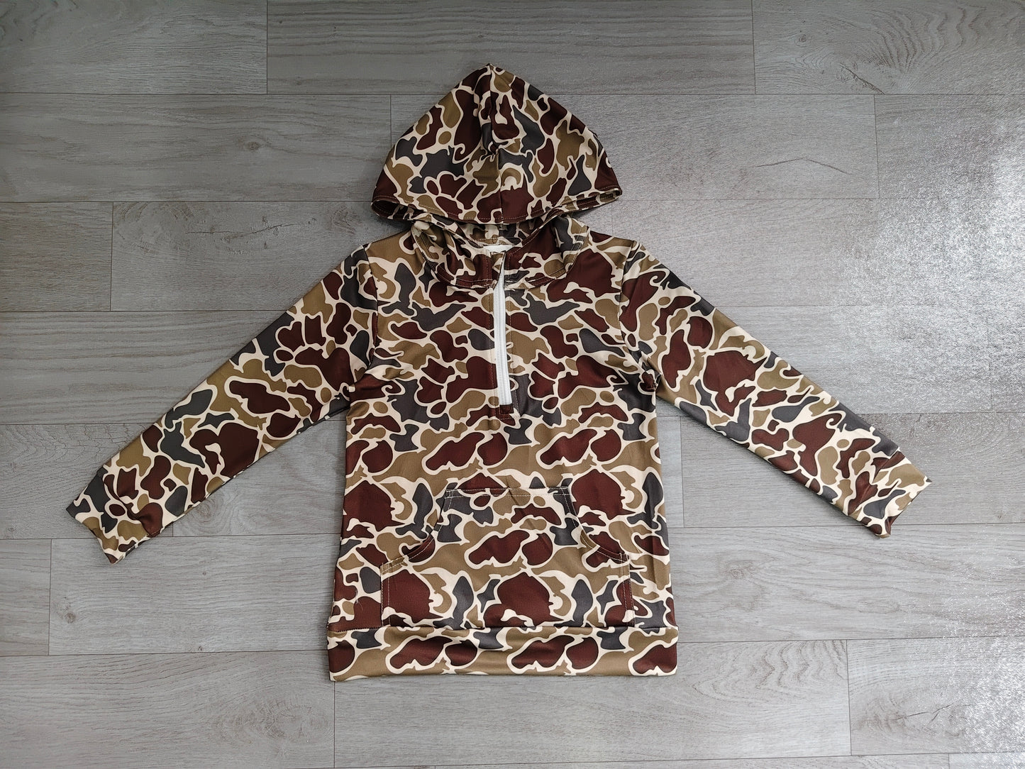 Long sleeves dark brown camo pocket zipper kids boys fall hoodie
