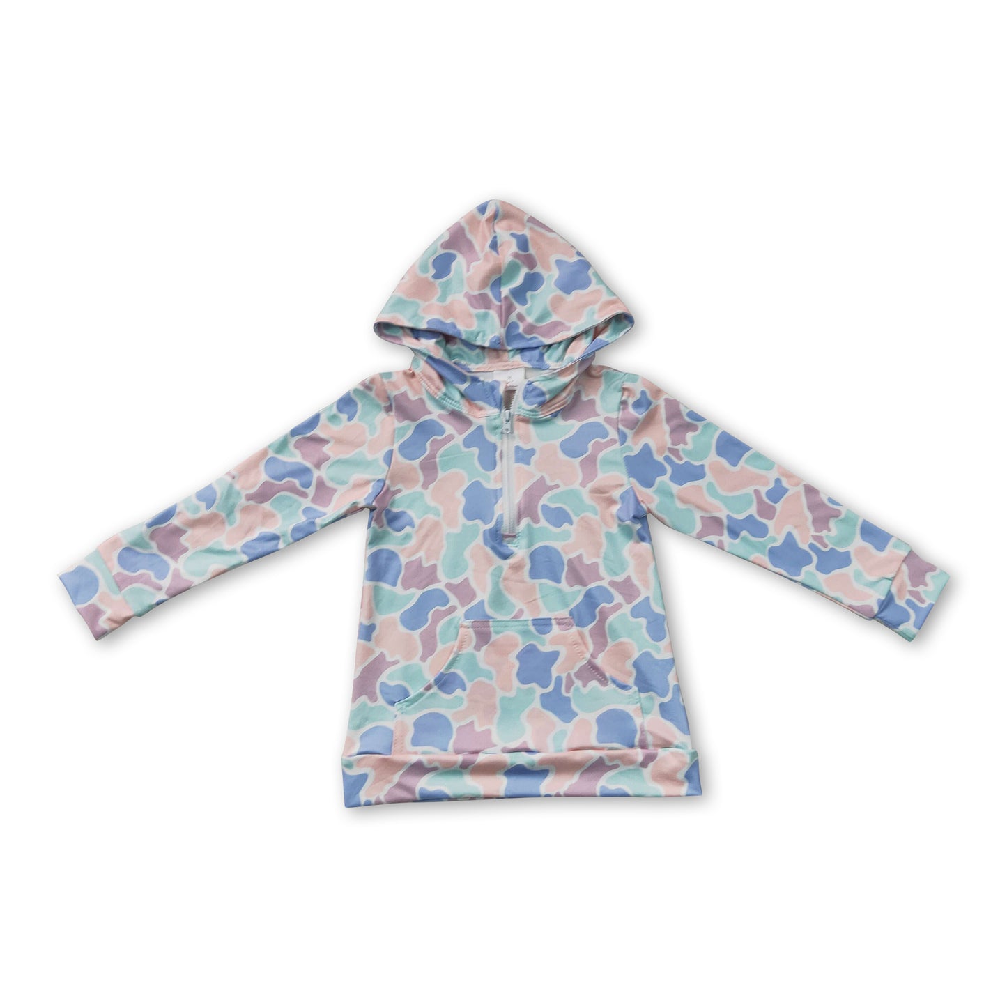 Long sleeves light blue camo pocket zipper kids fall hoodie