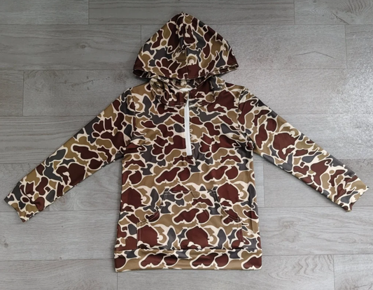 Long sleeves dark brown camo men pocket zipper hoodie