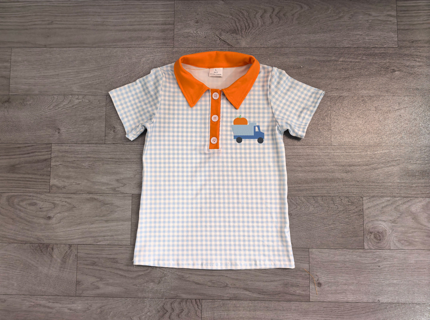 Plaid pumpkin embroidery boy fall polo shirt