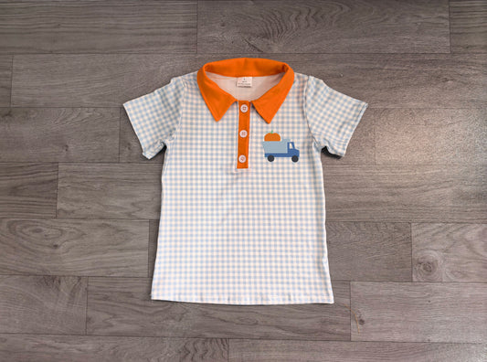 Plaid pumpkin embroidery boy fall polo shirt