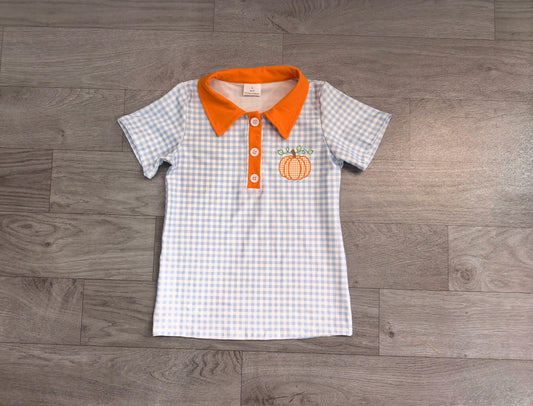 Plaid orange pumpkin embroidery boy fall polo shirt