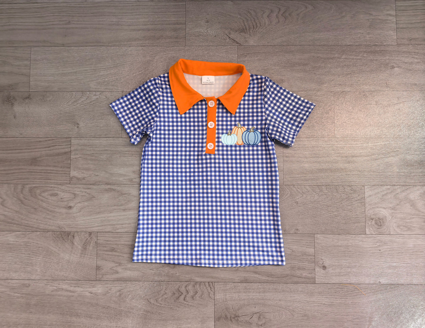 Blue plaid orange pumpkin embroidery boy fall polo shirt