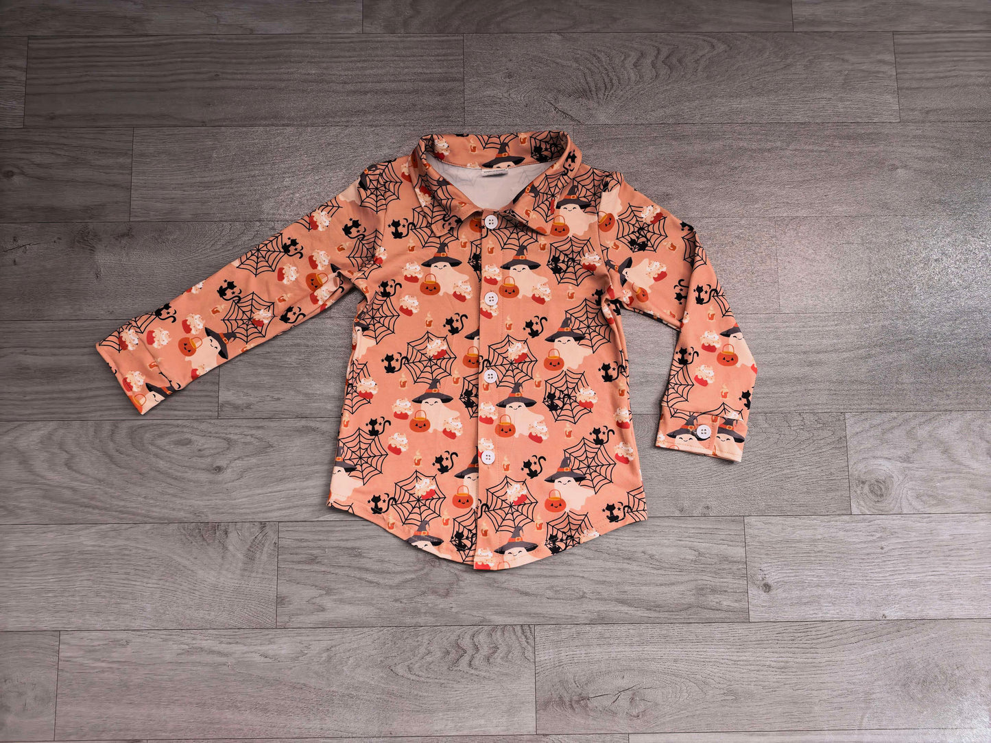 Pumpkin ghost boy Halloween button down shirt