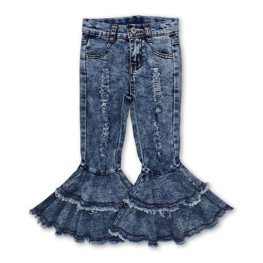 Washed denim waistband ruffle Bell Bottom Girls Pants