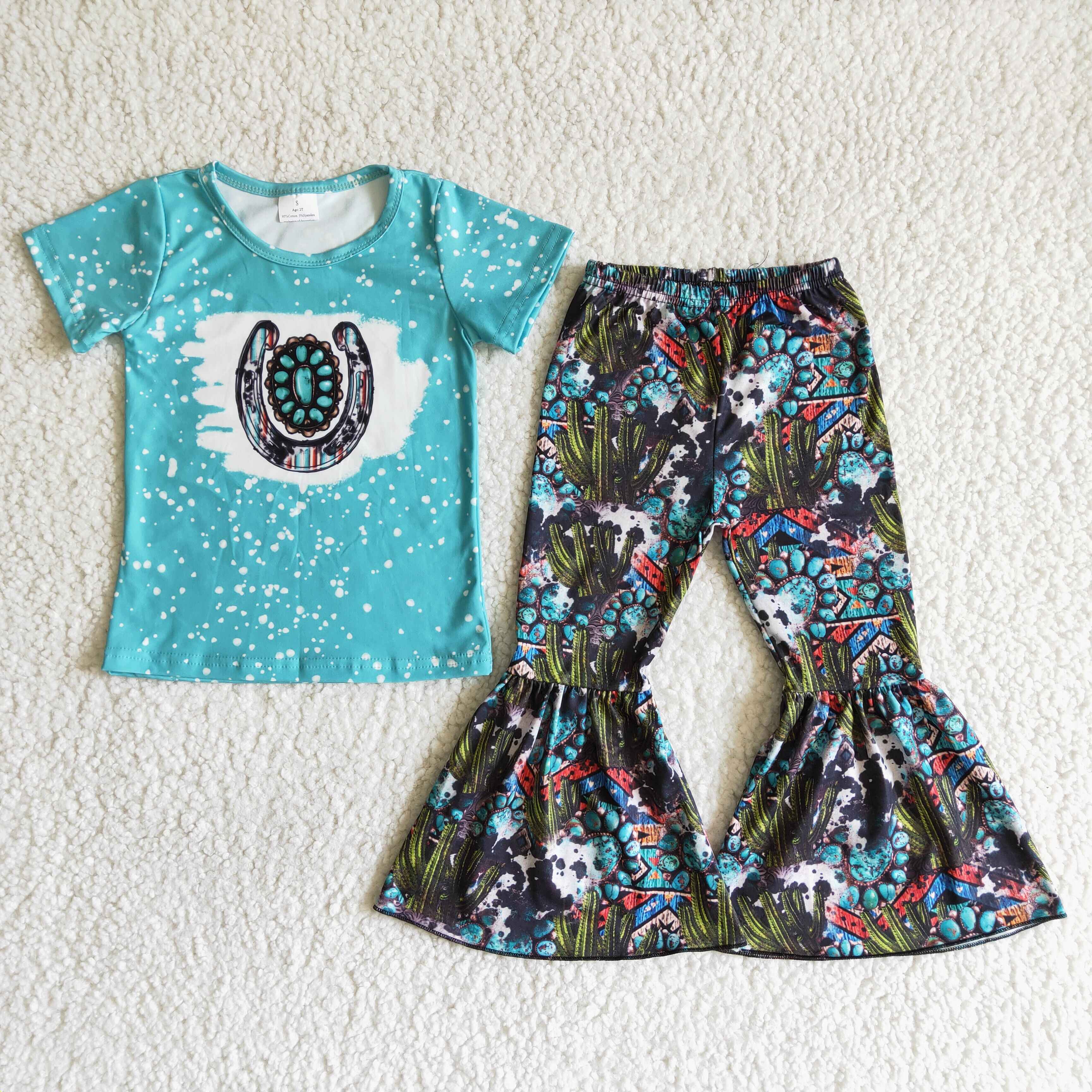 Turquoise bleached shirt cactus pants girls boutique clothing set Western kids clothes