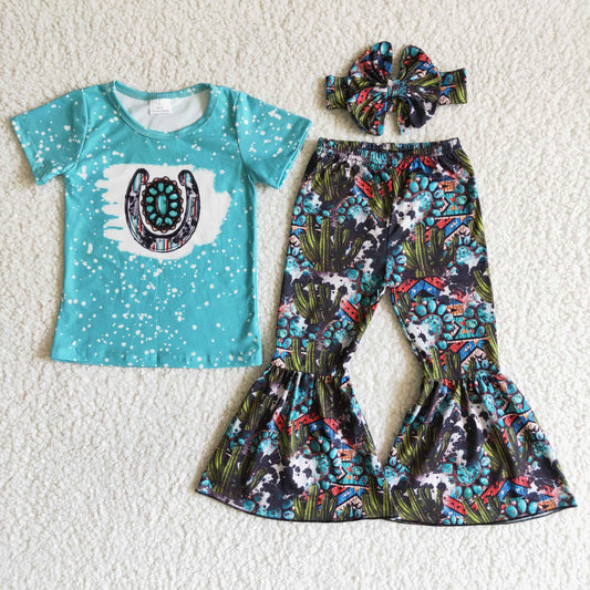 Turquoise bleached shirt cactus pants girls boutique clothing set