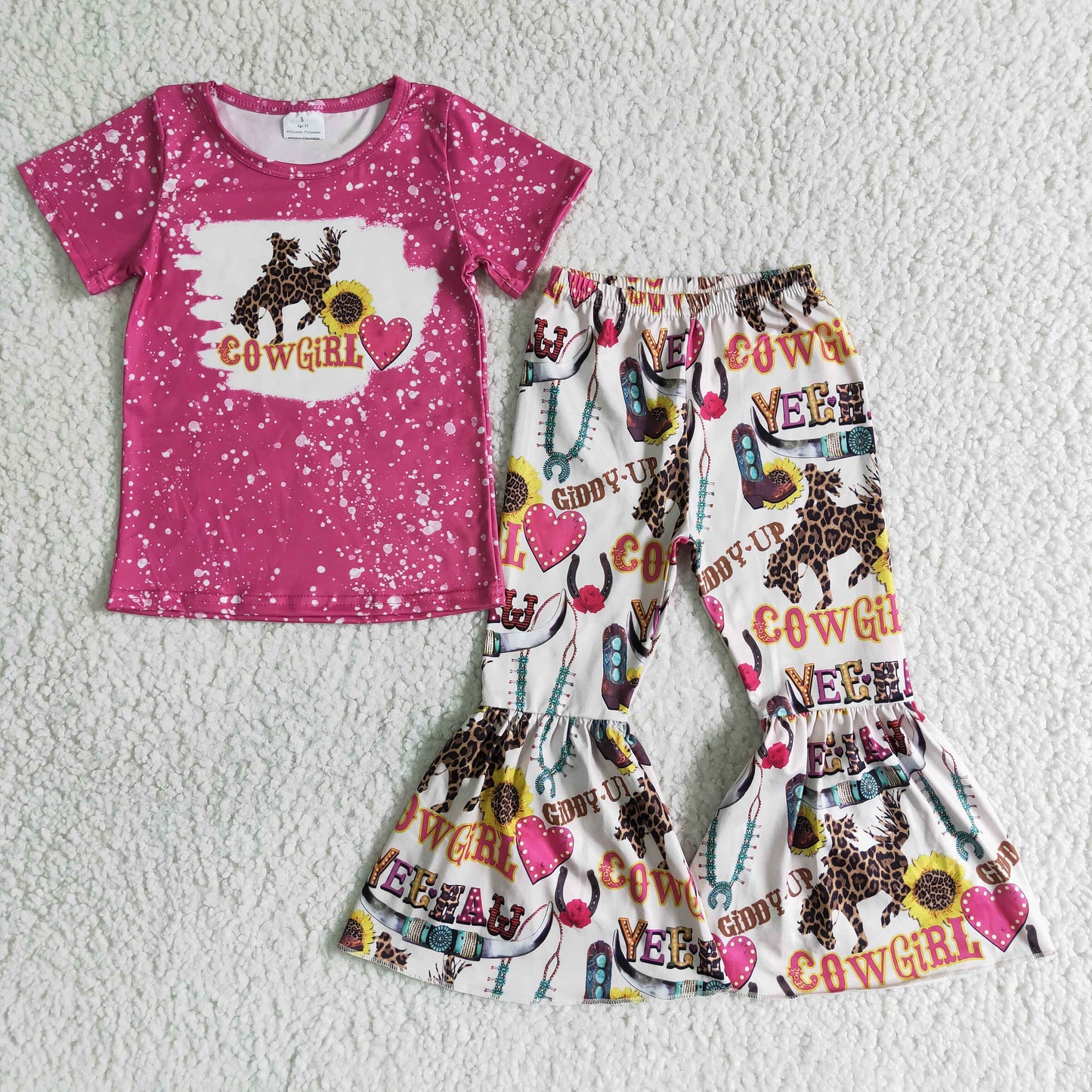 Cowgirl bleached shirt bell bottom pants girls western clothing set