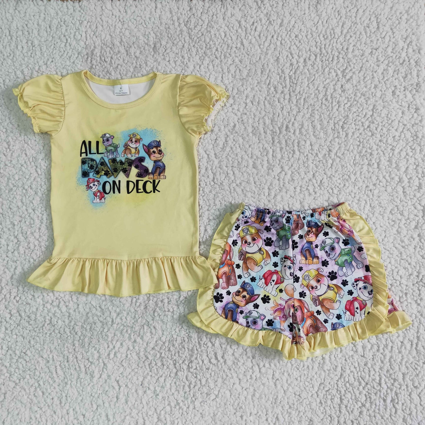 Dog print yellow shirt ruffle shorts girls summer clothing