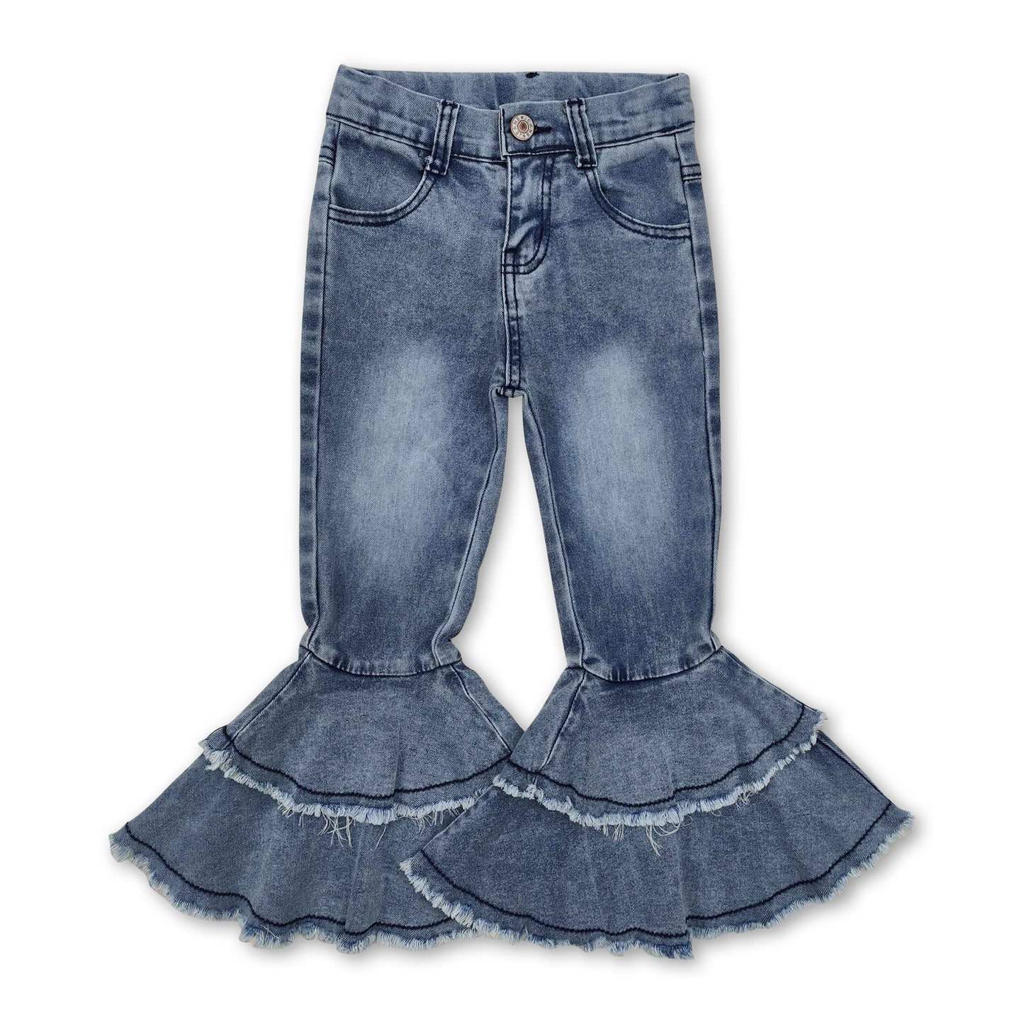 White washed ruffle bell bottom girls denim pants