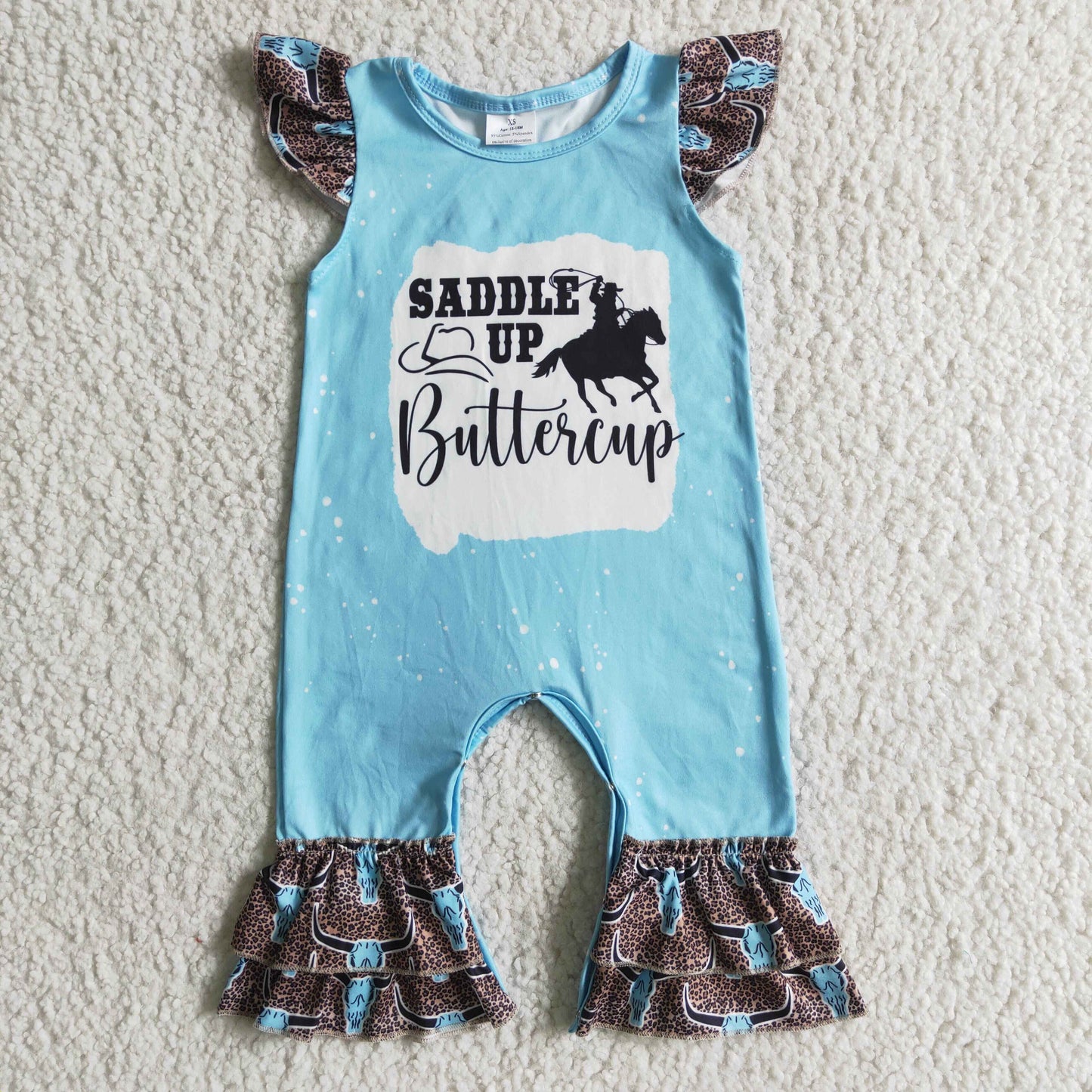 Saddle up buttercup flutter sleeve cow print baby romper