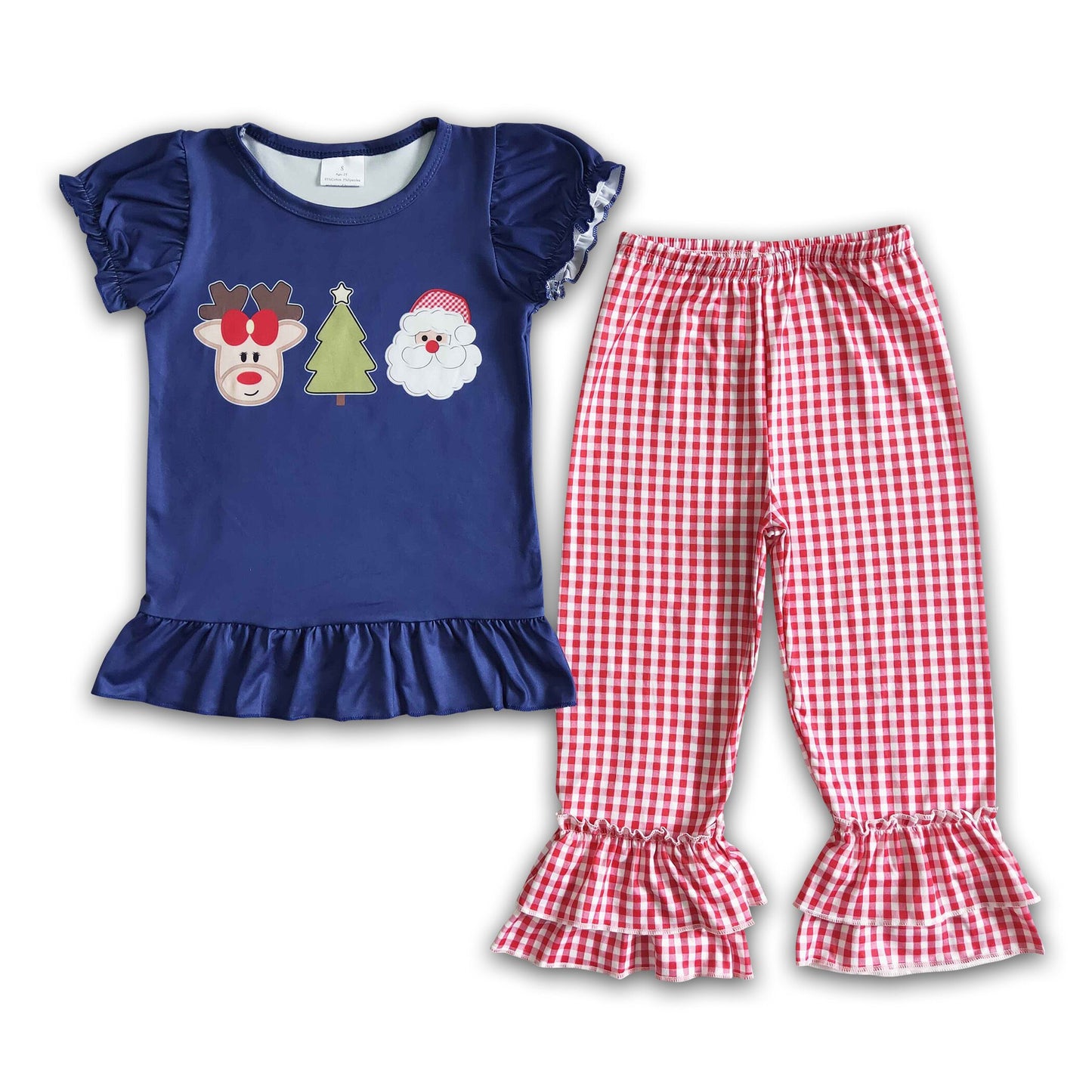 Reindeer santa print short sleeve plaid ruffle pants girls Christmas clothing