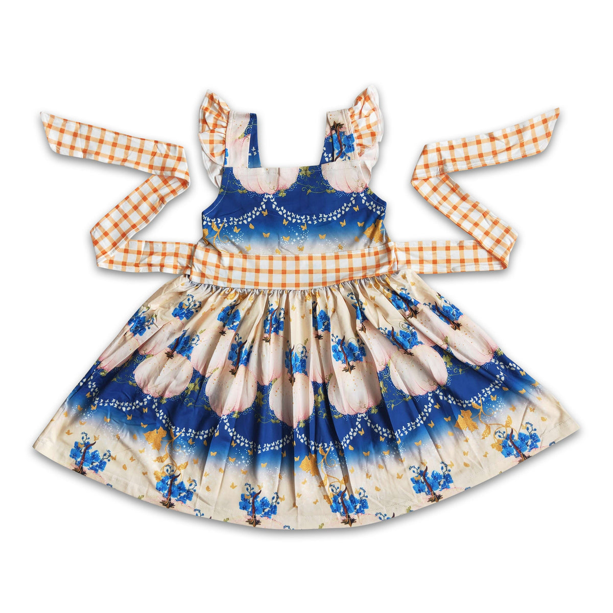 Flutter sleeve pumpkin belt dresses kids girls fall dress