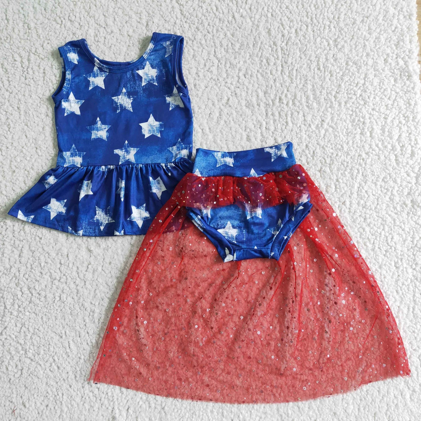 Star sleevess peplum tulle bummies baby girls 4th of july clothes