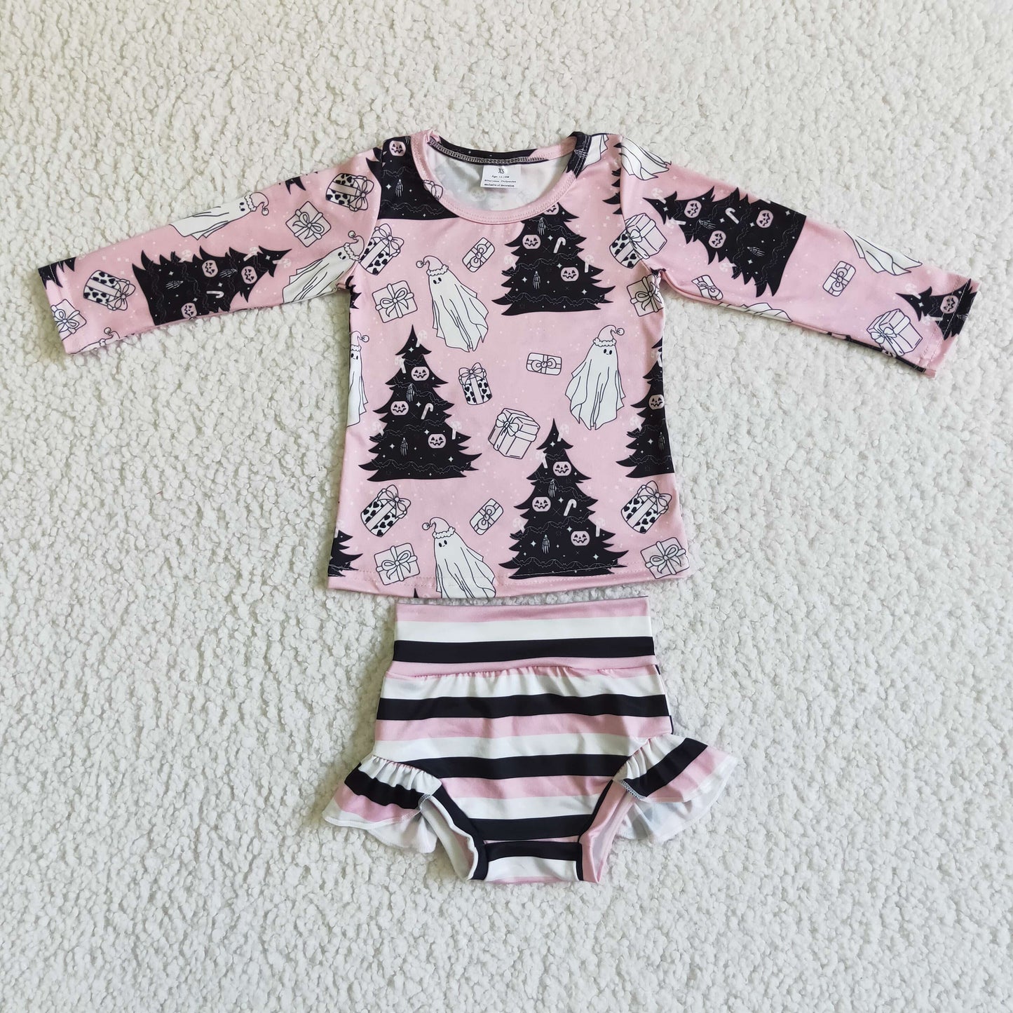 Ghost pumpkin pink shirt stripe bummies baby Halloween clothes