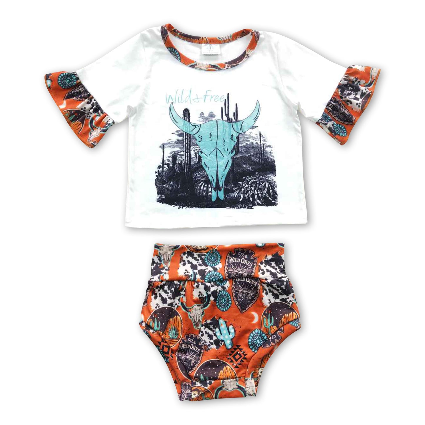 Wild free bull skull cactus baby girls bummies set