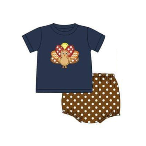 Navy turkey top polka dots bummies boy Thanksgiving set