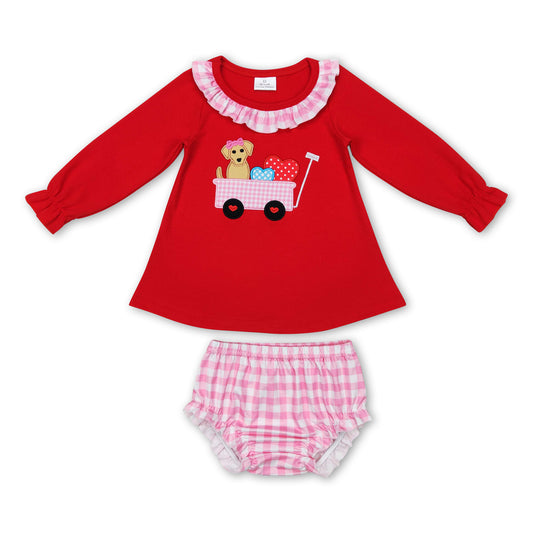 Dog heart red top plaid bummies girls Valentine's set