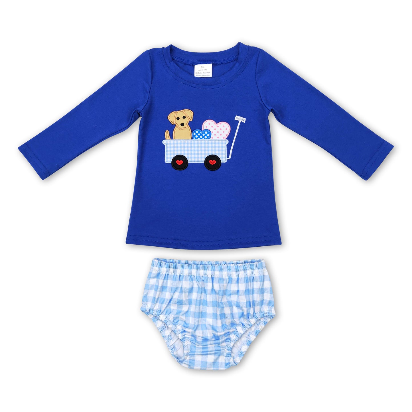 Dog heart blue top plaid bummies boy Valentine's set