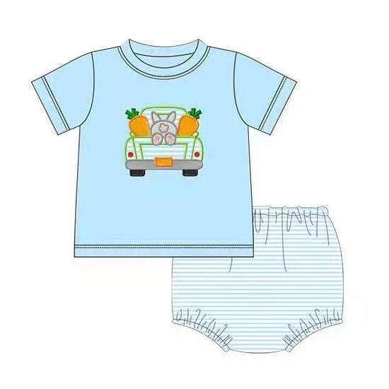 Light blue rabbit carrot truck top stripe bummies boys easter set