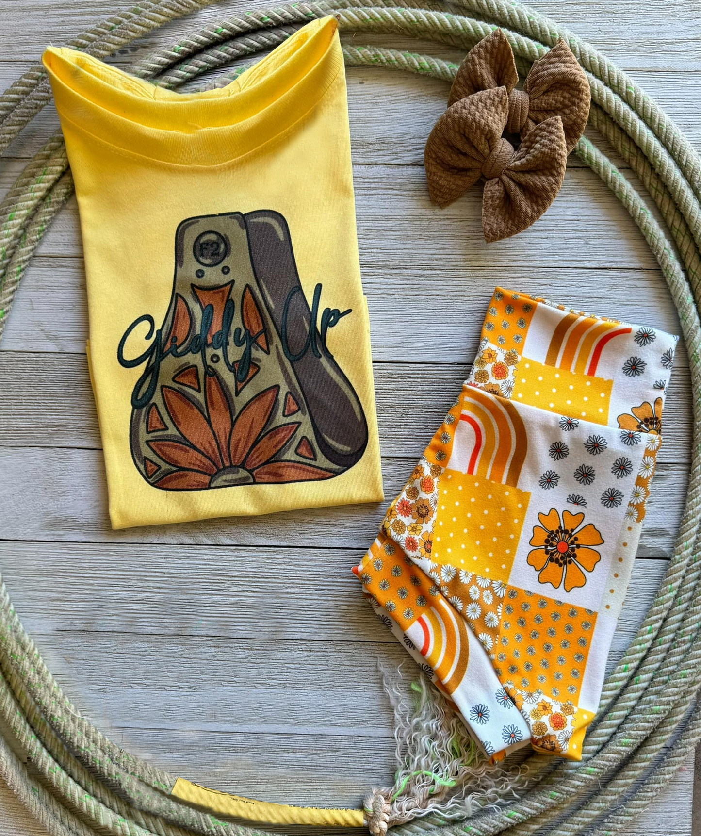Giddy up yellow top floral bummies girls set