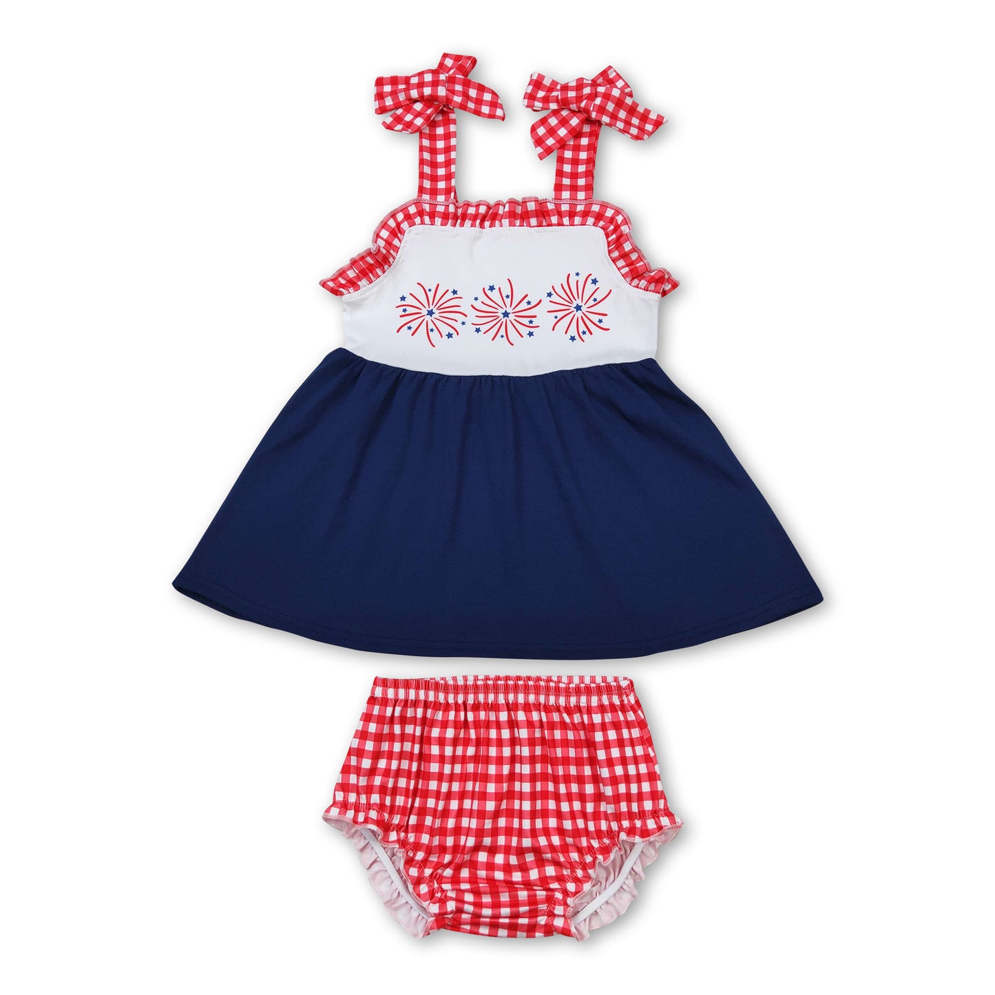 Firework strap tunic red plaid bummies girls 4th of july set