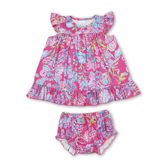 Hot pink flutter sleeves watercolor baby girls bummies set