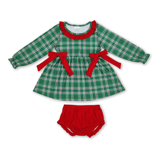 Green plaid tunic red bummies baby girls Christmas set